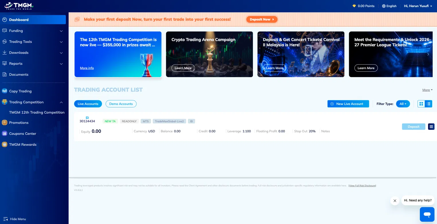 TMGM Dashboard Live Account