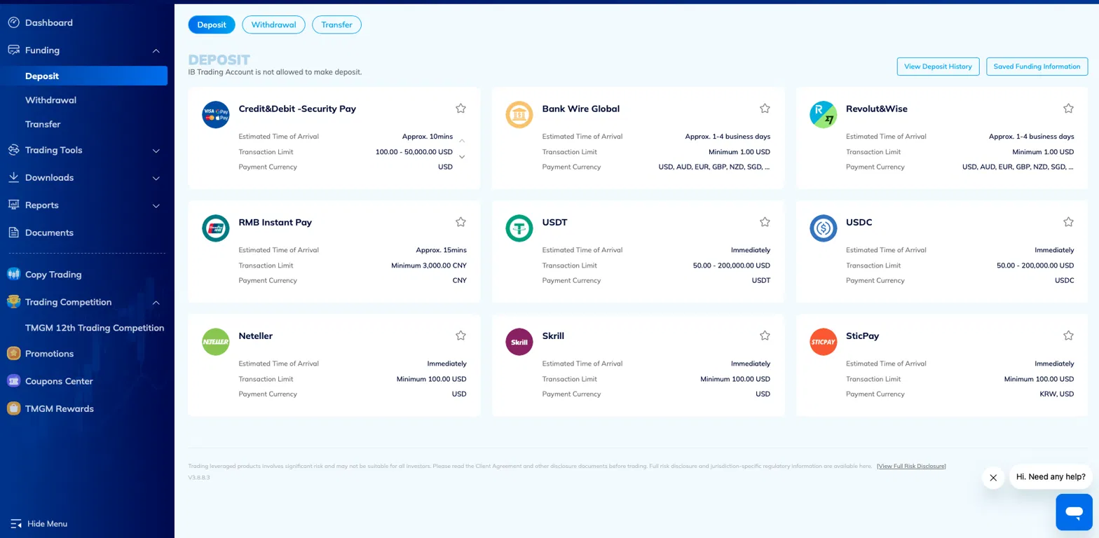 TMGM Funding Deposit Interface